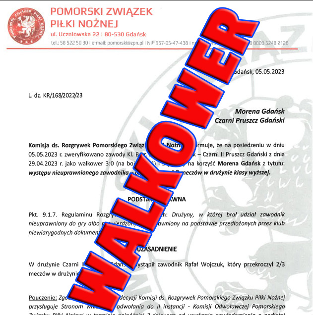 Mecz z Czarnymi został zweryfikowany jako walkower na naszą korzyść